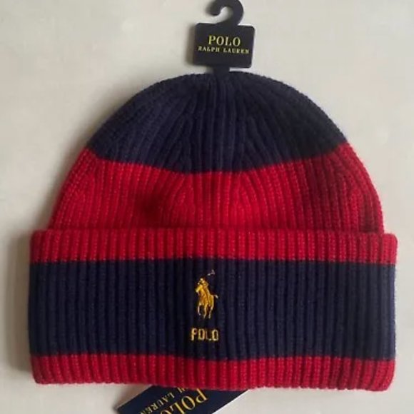 Polo Ralph Lauren Brush Rugby Big Striped Knit Beanie Ski Hat Cap - Picture 1 of 2